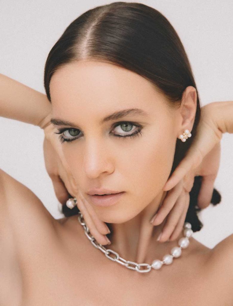 Renaissance pearl stud earrings in 18-karat yellow gold with diamonds 16.5mm ($2,900), Madison pearl chain necklace 11mm ($2,200), cable collectibles pearl ring with diamonds 11mm ($750), David Yurman, The Gardens Mall, Palm Beach Gardens