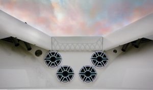 Audio speakers above the forward casting deck. Photo by George LaBonte