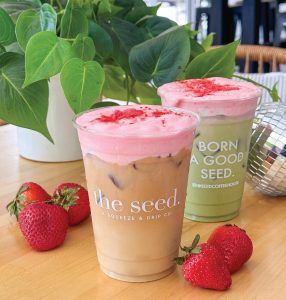Strawberries & Cream latte and matcha. Photo courtesy of The Seed Coffee + Juice Bar