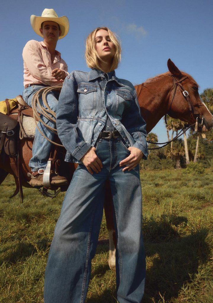 Stella McCartney tailored denim button-front jacket; Nili Lotan Rolland jeans; Ralph Lauren Collection denim snap-front long-sleeve top